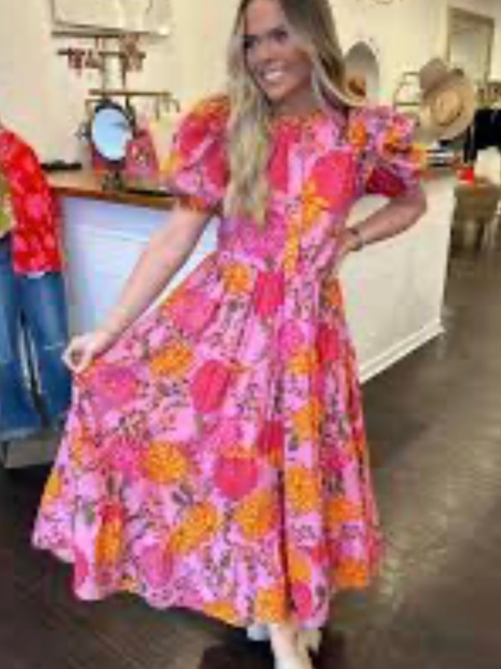 Karlie Pink & Orange Floral Maxi Dress with Puff Sleeves and Pockets